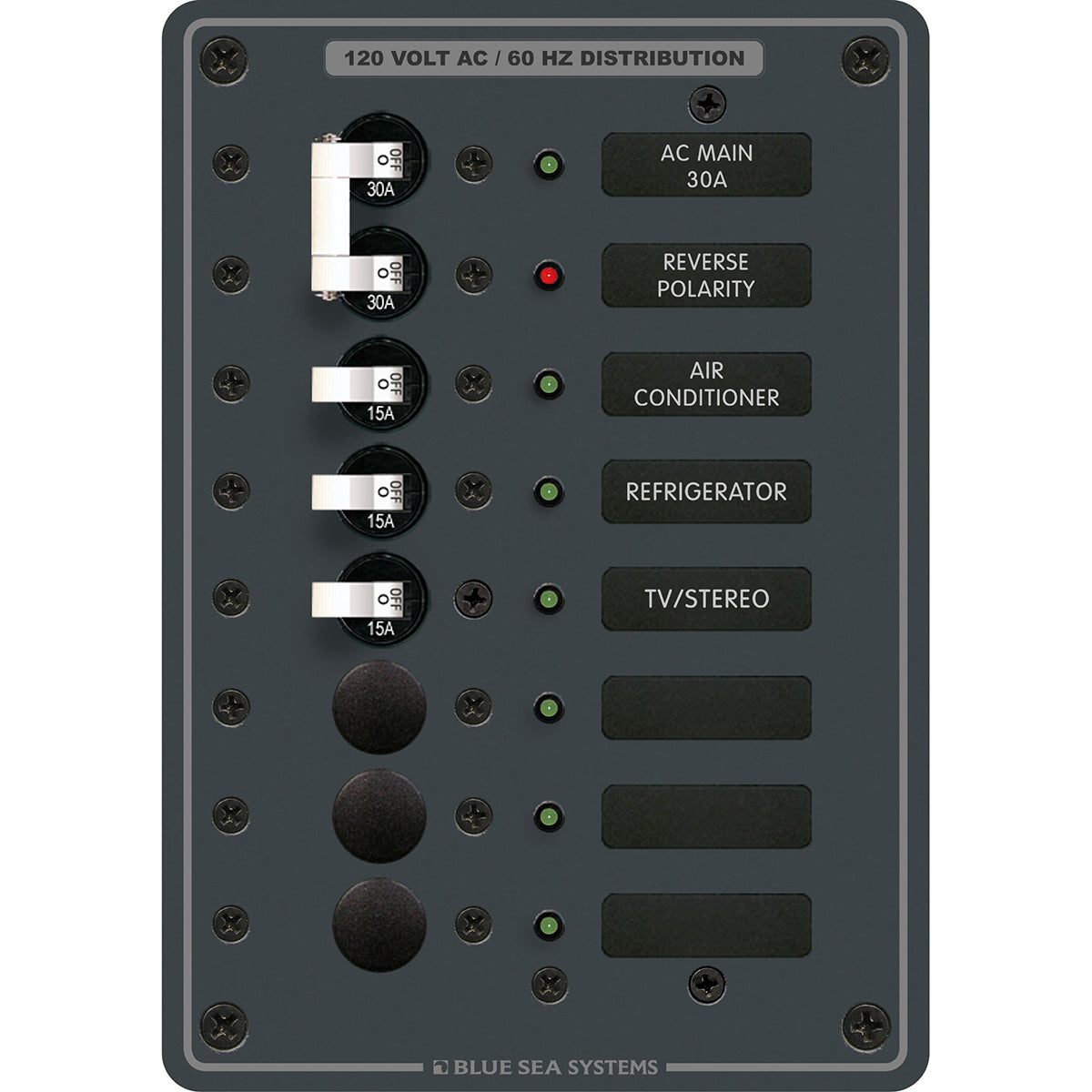 Painel de Distribuição AC 6 Posições 120V Blue Sea 8027 c/ Main