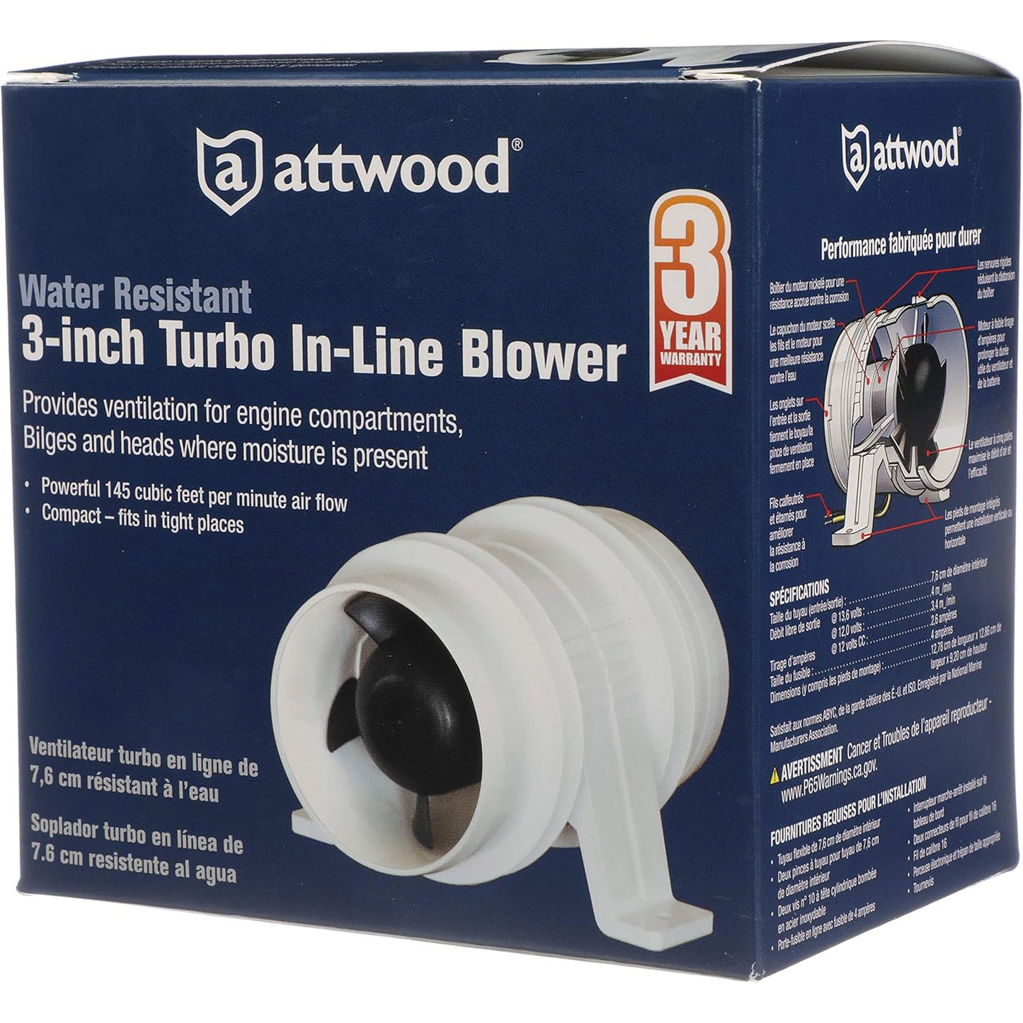 Blower Exaustor de Porão Turbo 3000 Attwood 1733-1 12V 3 Pol.